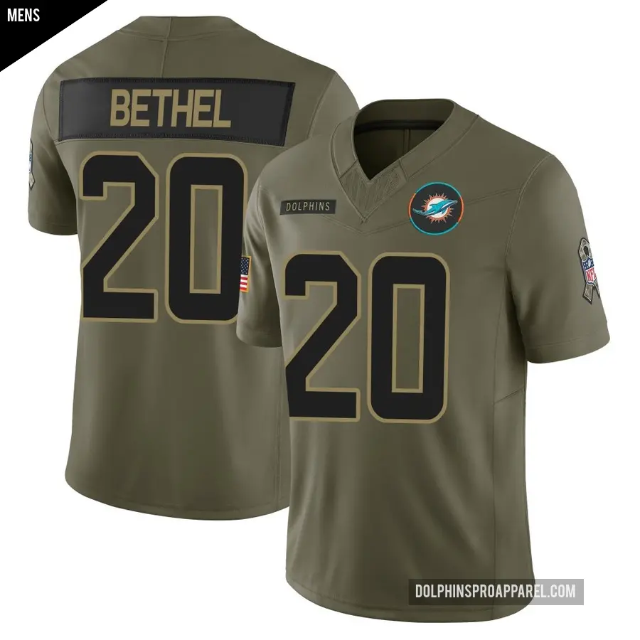 Men's Miami Dolphins ＃20 Justin Bethel Olive Limited 2025 Salute to Service Jersey