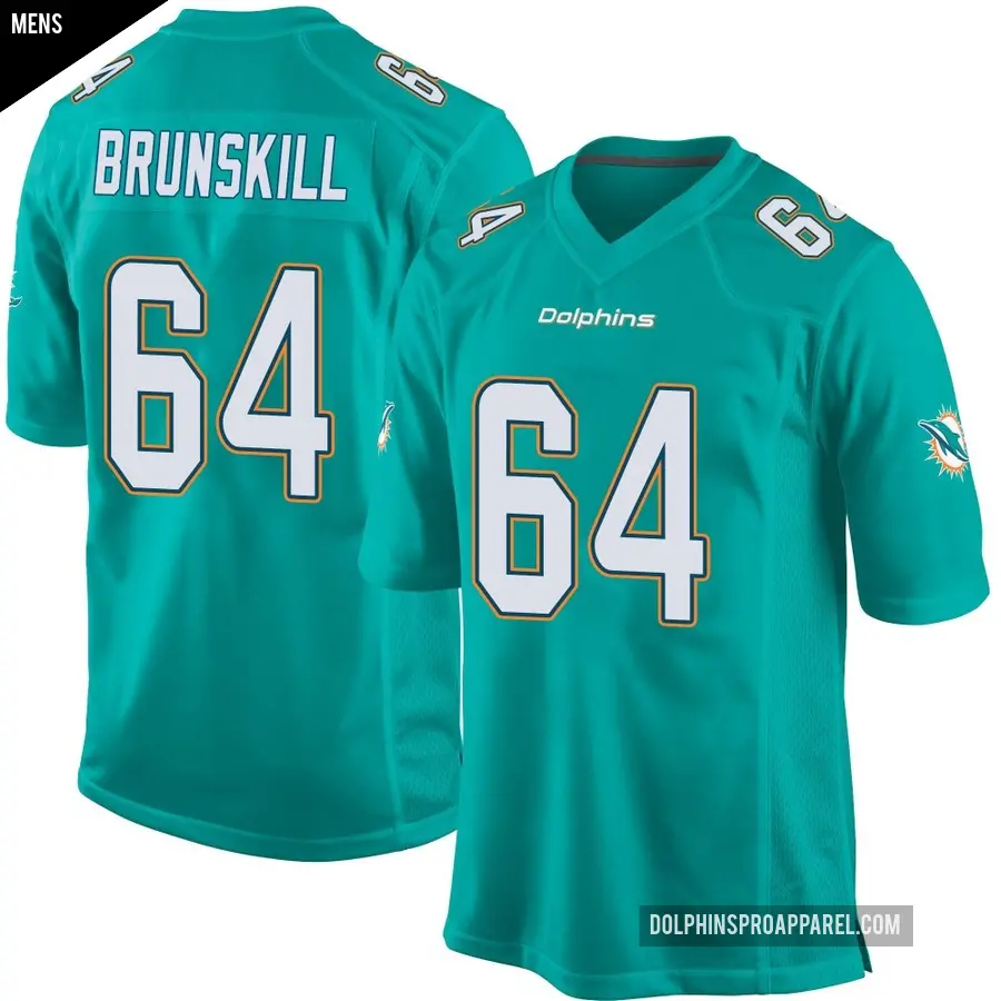 Men's Miami Dolphins ＃64 Daniel Brunskill Aqua Game Team Color Jersey