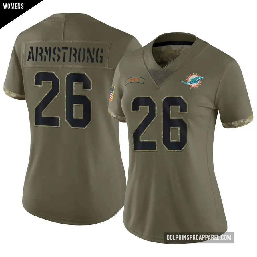 Women's Miami Dolphins ＃26 Cornell Armstrong Olive Limited 2022 Salute To Service Jersey