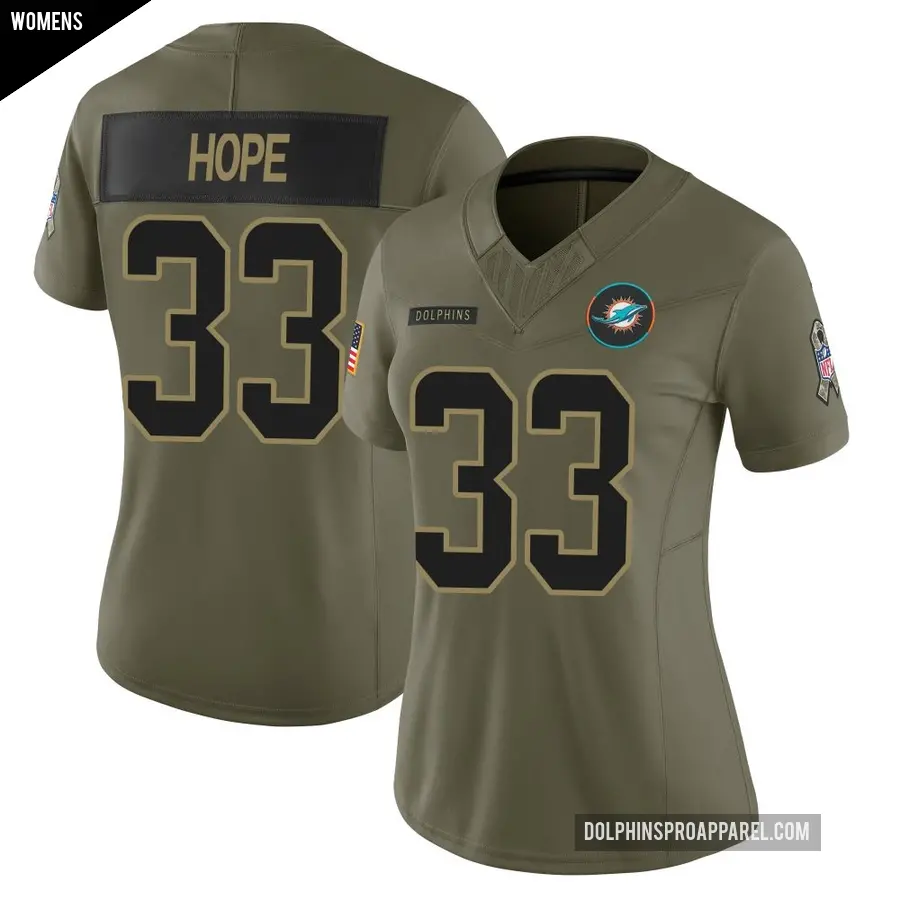 Women's Miami Dolphins ＃33 Larry Hope Olive Limited 2025 Salute to Service Jersey