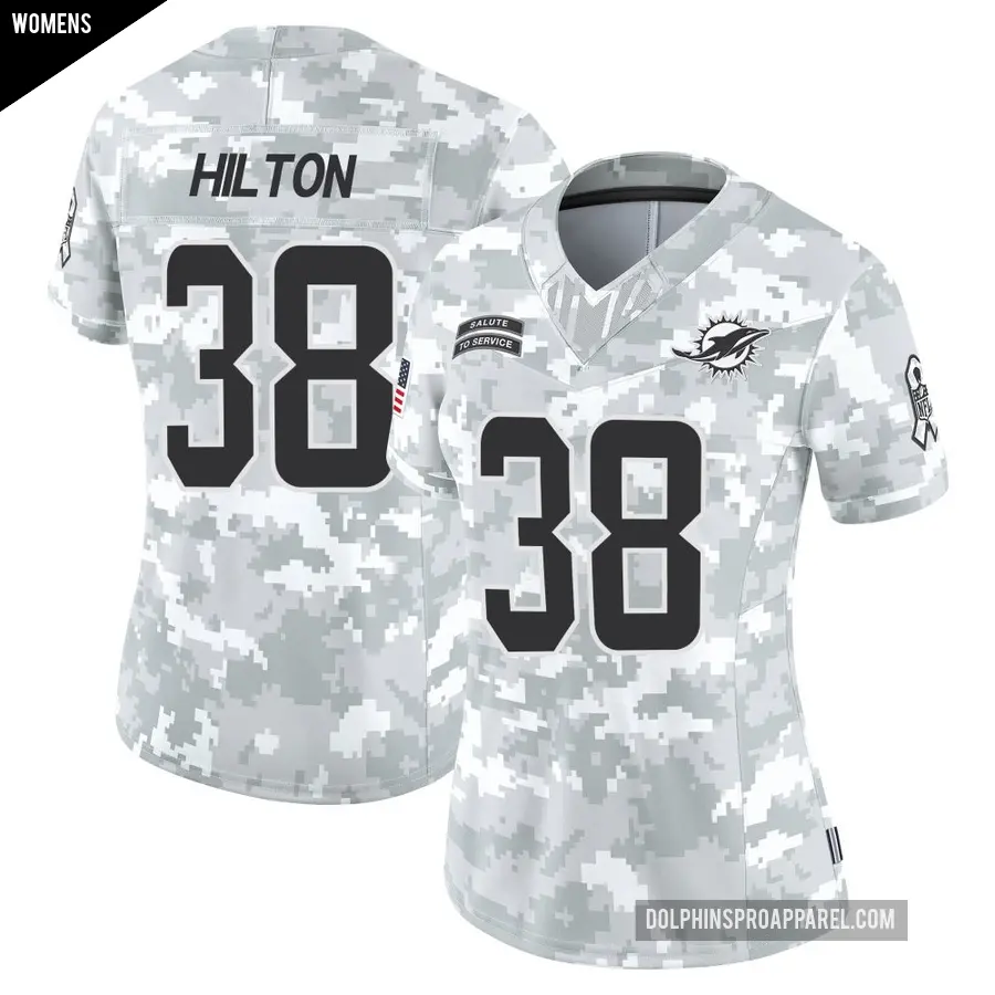 Women's Miami Dolphins ＃38 Mike Hilton Arctic Camo Limited 2024 Salute to Service Jersey