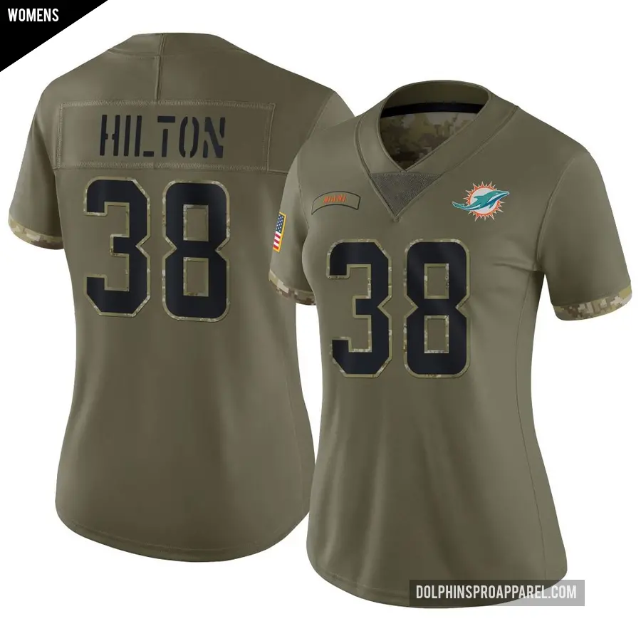 Women's Miami Dolphins ＃38 Mike Hilton Olive Limited 2022 Salute To Service Jersey