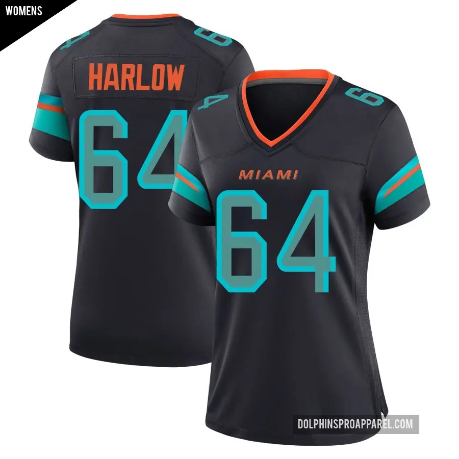 Women's Miami Dolphins ＃64 Sean Harlow Blue Game Pitch 2025 Rivalries Collection Jersey