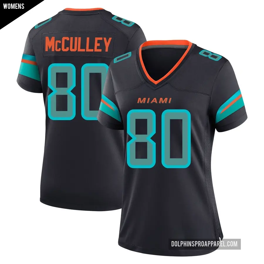 Women's Miami Dolphins ＃80 Donaven McCulley Blue Game Pitch 2025 Rivalries Collection Jersey