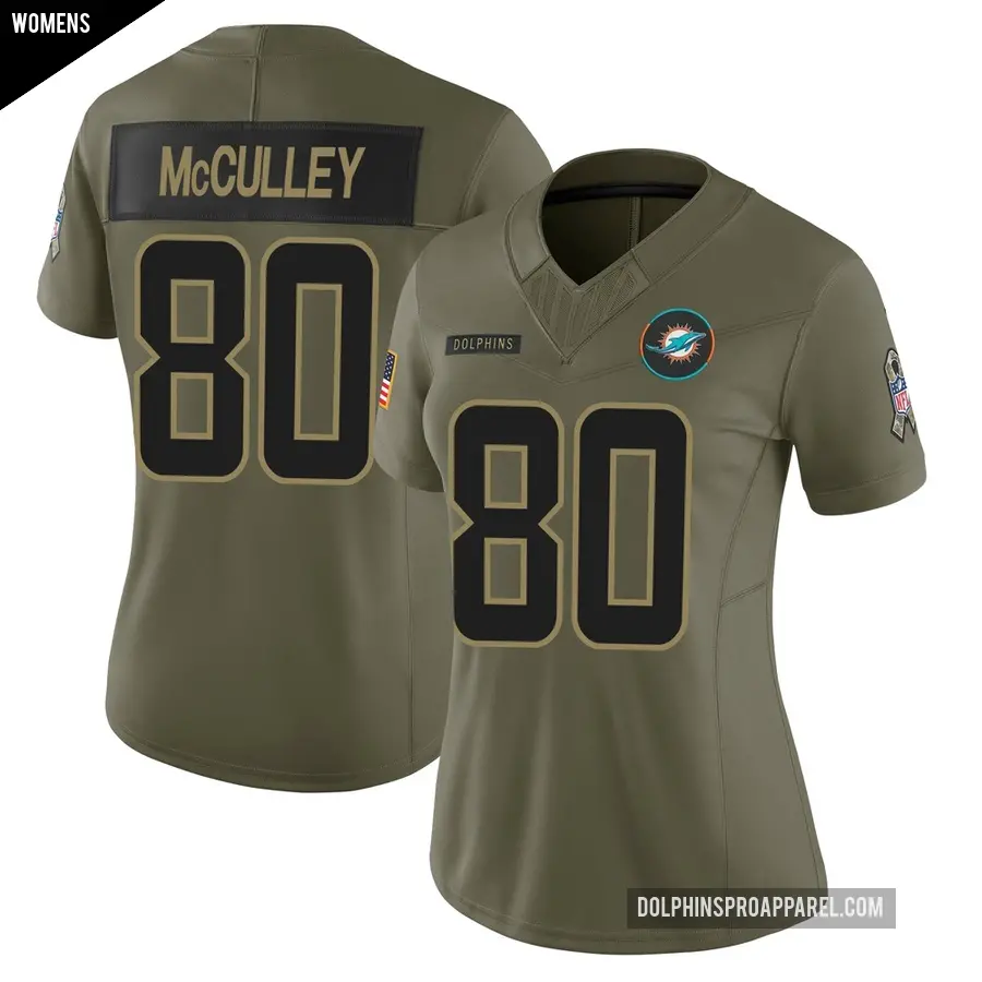 Women's Miami Dolphins ＃80 Donaven McCulley Olive Limited 2025 Salute to Service Jersey
