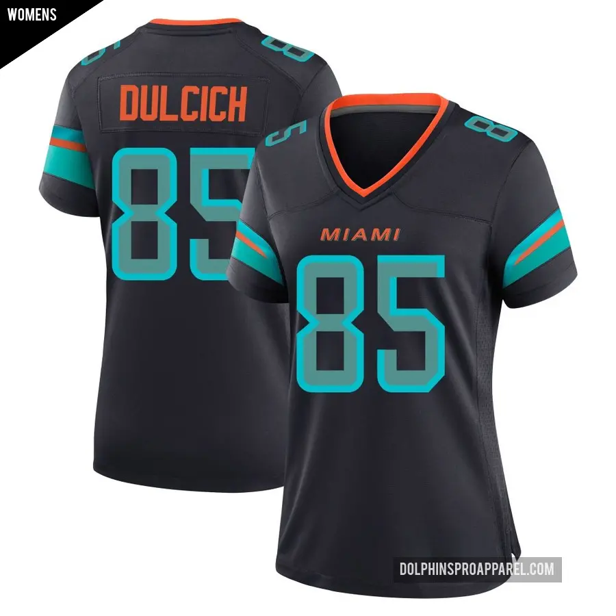Women's Miami Dolphins ＃85 Greg Dulcich Blue Game Pitch 2025 Rivalries Collection Jersey