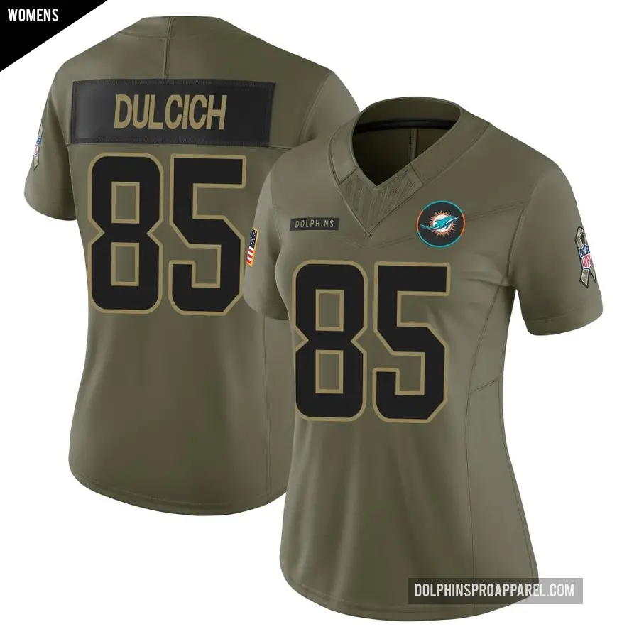 Women's Miami Dolphins ＃85 Greg Dulcich Olive Limited 2025 Salute to Service Jersey
