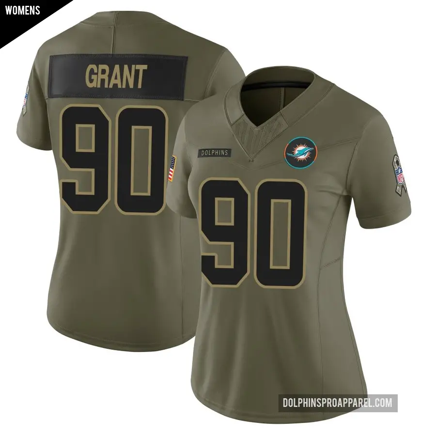 Women's Miami Dolphins ＃90 Kenneth Grant Olive Limited 2025 Salute to Service Jersey