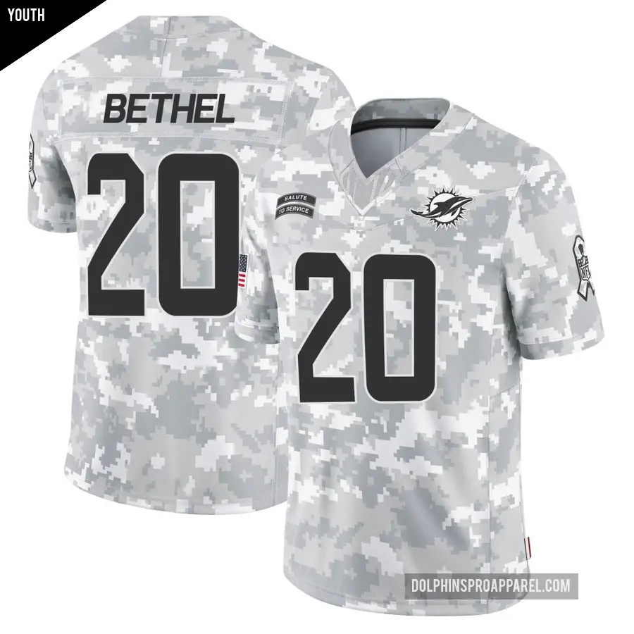 Youth Miami Dolphins ＃20 Justin Bethel Arctic Camo Limited 2024 Salute to Service Jersey