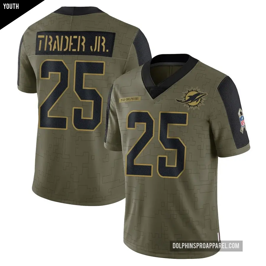Youth Miami Dolphins ＃25 Dante Trader Jr. Olive Limited 2021 Salute To Service Jersey