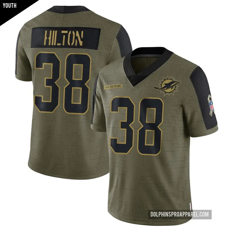 Youth Miami Dolphins ＃38 Mike Hilton Olive Limited 2021 Salute To Service Jersey
