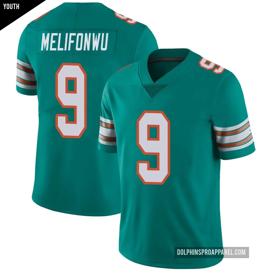 Youth Miami Dolphins ＃9 Ifeatu Melifonwu Aqua Limited Alternate Vapor Untouchable Jersey