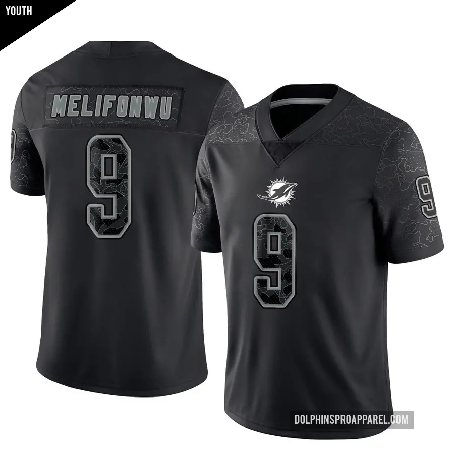 Youth Miami Dolphins ＃9 Ifeatu Melifonwu Black Limited Reflective Jersey